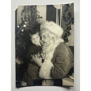Found Photo Creepy Santa Claus with Boy Vintage Christmas Holiday Scene 1950s